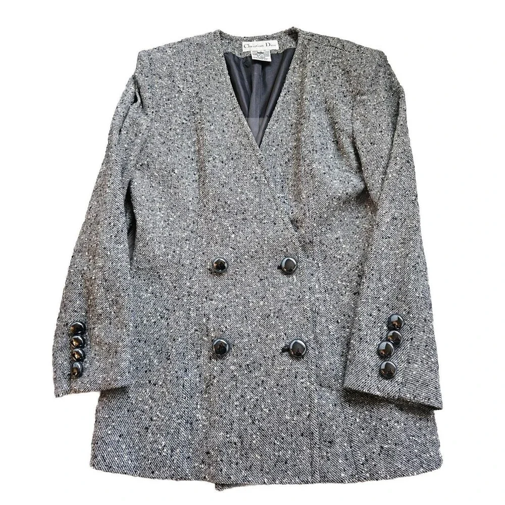 Vintage Christian DIOR Skirt Blazer Suit Set Size 8 Speckled Tweed Wool Blend